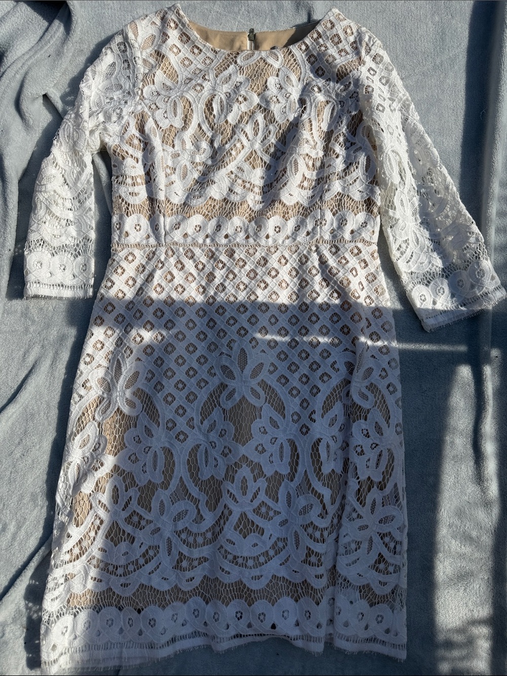 White Lace Sheath Dress with Nude Lining
